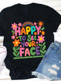 Graphic Shirts For Women Happy Colorful Cheerful Flowers And Rainbow With Bright Warm Sun Face, Cute T Shirts For Women, Women Tshirts