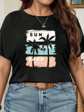 Womens T Shirts Sun Sea Sand With Palm Tree Silhouette Black Shirt, Women's Short Sleeve T Shirts, Womens Shirts