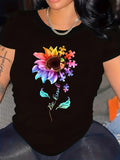 Womens Graphic Tees Vintage Colorful Gradient Blooming Flower With Puzzle Pieces And Delicate Branch, Graphic Tshirts Women, Womens Night Shirts