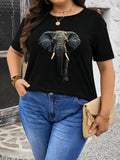 Red T Shirt Women Detailed Gray Elephant Face On Classic Black Tshirt, Cotton Shirts For Women, Funny Shirts For Women