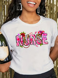 Country Shirts Womens Nurse Bright Floral Letters With Pink And Green Details Shirt, Cotton T Shirts For Women, Womens T Shirts