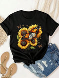 Womens Night Shirts Monarch Butterfly Among Bright Sunflowers On Black Tshirt, Graphic Tees Women, Women's Short Sleeve T Shirts