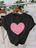 Graphic Shirts For Women Sparkling Pink Glitter Heart Shape On Classic Black T Shirt, Womens Graphic T Shirts, Cute T Shirts For Women