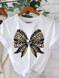 Womens Graphic Tees Vintage Bejeweled Pattern With Shiny Gold And Silver Beads Embellished Bow, 100 Cotton T Shirts For Women, Blue Shirt Women