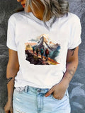 Womens Graphic Tees Vintage Adventure Spirited Hikers Exploring Majestic Rocky Mountain Landscape, Women's Short Sleeve T Shirts, Funny T Shirts For Women