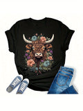 Black T Shirt Women Rustic Blooming Flowers Surrounding A Highland Bull, Vintage T Shirts Women, Womens Graphic T Shirts