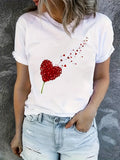 Graphic Tshirts Women Red Floral Heart With Falling Petals On White Solid Tshirt, Graphic Tees Women, White Cotton Shirt Women