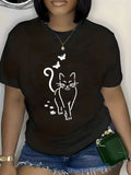 Funny T Shirts For Women Black Tshirt With White Stylized Cat And Butterfly Design, Blue Shirt Women, Cotton T Shirts For Women
