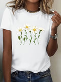 Womens White Tee Delicate White And Yellow Flowers With Green Stems On Shirt, 100 Cotton T Shirts For Women, Blue Shirt Women
