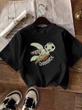 Green Shirt Womens Joyful Cartoon Sea Turtle Flying Above Soft Blue Water With Playful Expression Turtle, 100 Cotton T Shirts For Women, Women Tshirts