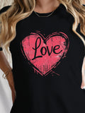 Grey T Shirt Womens Love Artistic Distressed Pink Heart On Black T Shirt, Black T Shirt Women, Cotton Shirts For Women