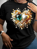 Green Shirt Womens Shiny Golden Pearls Surrounding Green Gemstone And Heart, Womens T Shirts, Cotton T Shirts For Women