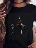 Funny Shirts For Women Delicate White Line Art With Small Red Heart Featuring Cat, Blue Shirt Women, Country Shirts Womens