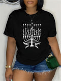 Basic Tees Women White Candlelit Menorah Symbol On Black Cotton Shortsleeve Tshirt, Grey T Shirt Womens, Womens Tees