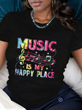 Womens Night Shirts Music Is My Happy Place Colorful Musical Notes And Symbols On Black T Shirt, Grey T Shirt Womens, Basic Tees Women