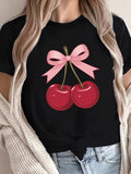Funny Shirts For Women Sweet Ripe Cherries With Pink Ribbon On Black Cotton Tshirt, Womens Graphic Tees Vintage, Womens Graphic T Shirts