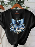 Cotton T Shirts For Women Blue Butterfly With White Flowers And Subtle Blooming Garden Butterfly, Graphic Shirts For Women, Cotton Shirts For Women