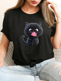 Women's Short Sleeve T Shirts Cute Playful Kitten Holding Pink Flower Black Tshirt, Womens Graphic Tees Vintage, Womens Tees
