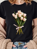 Graphic Tshirts Women Delicate Pink Tulip Bouquet Tied With Soft Ribbon On Black, Womens Graphic T Shirts, Womens Graphic Tees Vintage