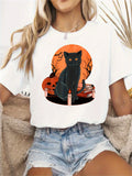 Grey T Shirt Womens Black Cat Sitting Among Halloween Pumpkins And Full Moon Cat, Women Tshirts, Womens Night Shirts
