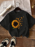Cotton Shirts For Women Bright Vibrant Blooming Sunflower Surrounded By Fluttering Butterflies Tshirt, Funny Shirts For Women, Womens Graphic T Shirts