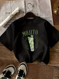 Graphic Tees Women Mojito Glass With Fresh Mint Leaves And Lime On Black T Shirt, Green Shirt Womens, Womens Graphic Tshirts