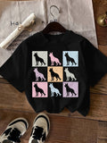 Blue Shirt Women Colorful Silhouettes Of Wolves Within Pastel Squares On Black Tshirt, Graphic Tees Women, Shirt For Women