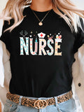 Womens Shirts Nurse With Medical Symbols And Hearts On Black Tshirt, Womens Night Shirts, Cute T Shirts For Women