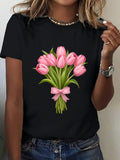 Cotton Shirts For Women Pink Bouquet Of Fresh Tulips With Green Leaves And Delicate Ribbon T Shirt, Graphic Tees Women, Shirt For Women