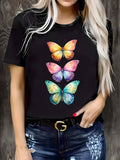 Black T Shirt Women Colorful Vibrant Butterflies Stacked Vertically On Black T Shirt, Womens Graphic Tshirts, Womens Tees