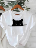 Cotton T Shirts For Women Black Cute Cartoon Cat Peeking With Whiskers White Tshirt, Vintage Shirts Women, Cute T Shirts For Women