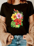 Funny T Shirts For Women Colorful Tropical Vibrant Hibiscus Flowers With Green Leaves Tshirt, Women's Short Sleeve T Shirts, Womens Graphic T Shirts