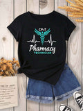 Graphic Shirts For Women Pharmacy Technician Symbol With Heartbeat Line On Black T Shirt, Pink Shirt Womens, Womens Shirts