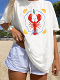 Funny T Shirts For Women Bright Summer Day With Marine Elements Featuring Lobster, Womens White Tee, Cute Graphic Tees For Women