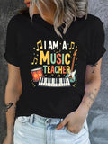 Cute T Shirts For Women I Am A Music Teacher Featuring Colorful Notes Guitar Piano Keys, Funny T Shirts For Women, White Cotton Shirt Women