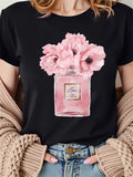 Blue Shirt Women Pink Floral Bouquet With Soft Petals In Elegant Glass Bottle, Vintage T Shirts Women, Womens Graphic Tshirts