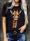 Blue Shirt Women Colorful Playful Giraffe Wearing Glasses With Dripping Paint Illustration, Womens Graphic Tees Vintage, Basic Tees Women