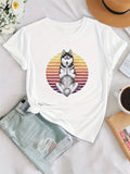 Graphic Shirts For Women Sitting Husky Dog With Striped Sunset Circle Background, Womens Night Shirts, Womens Graphic Tees Vintage