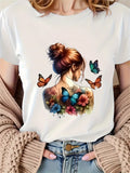 Womens Night Shirts Colorful Butterflies Around Woman With Flowers And Hair Bun Shirt, Womens Graphic Tshirts, Womens T Shirts