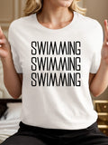 Cute Graphic Tees For Women Swimming Swimming Swimming Bold Vertical Text Statement White T Shirt, Blue Shirt Women, Women Tshirts