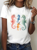 Womens T Shirts Colorful Detailed Seafoam Featuring Four Seahorses, Country Shirts Womens, Womens Graphic T Shirts
