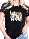 Womens Night Shirts Three Cartoon Cats Holding Vintage Cameras On Black T Shirt, Basic Tees Women, Women's Short Sleeve T Shirts