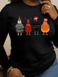 Cute Graphic Tees For Women Festive Chickens Wearing Christmas Hats On Black Shirt, Shirt For Women, Womens White Tee