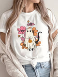 Pink Shirt Womens Cute Cat With Autumn Flowers And Small Pumpkin Cat, Cute Graphic Tees For Women, Graphic Tees Women