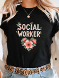 Basic Tees Women Social Worker Vibrant Floral Design With Blossoming Garden And Elegant Typography Shirt, Womens Graphic Tshirts, Women T Shirt