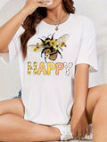 Graphic Tshirts Women Happy Cheerful Yellow Cartoon Bumblebee With Flowers On White T Shirt, Graphic Shirts For Women, Womens Shirts