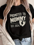 Graphic Tees Women Promoted To Mommy Established With Baby Footprints T Shirt, Cotton Shirts For Women, Green Shirt Womens