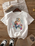 Funny Shirts For Women Detailed Colorful Flowers With Perched Owl, Green Shirt Womens, White Cotton Shirt Women