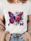 100 Cotton T Shirts For Women Vibrant Pink Roses With Colorful Wings Among Delicate Butterflies Tshirt, White Cotton Shirt Women, Vintage Shirts Women