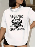 Womens Shirts Highland Cow Illustration With Bold Typography White Tshirt, Womens White Tee, Pink Shirt Womens